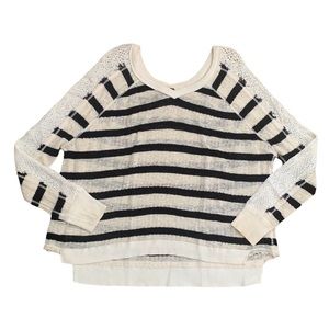 We The Free Distressed Black and Cream Striped Pullover Sweater Size Medium